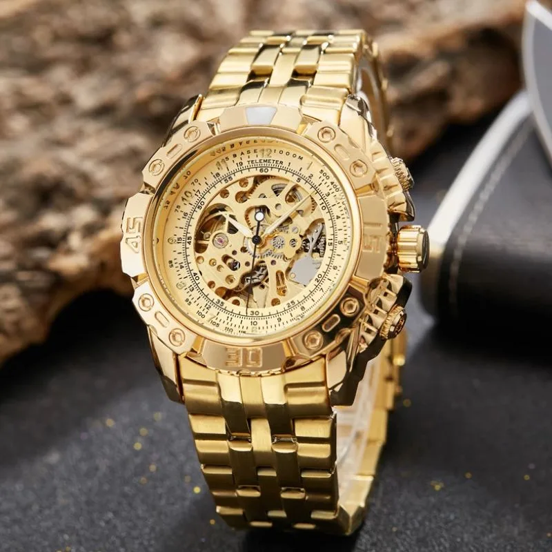 Aanzicht 2 — Skeleton horloge voor heren – staal goudkleurig