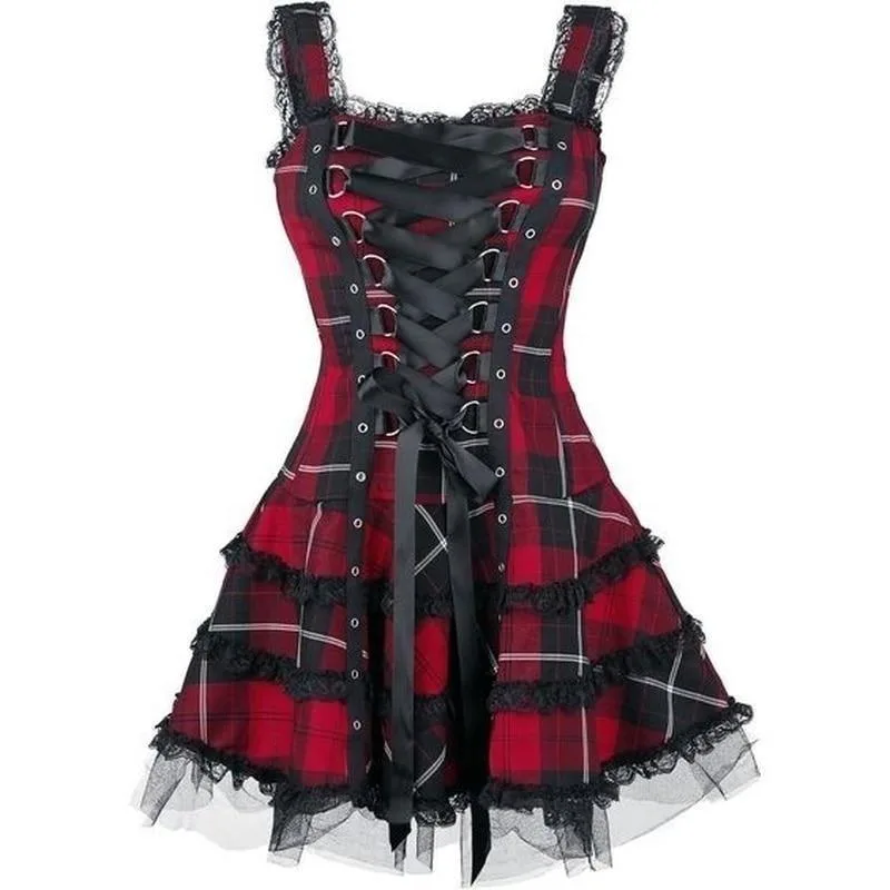 Aanzicht 3 — Steampunk jurk – Schots ruitpatroon gothic