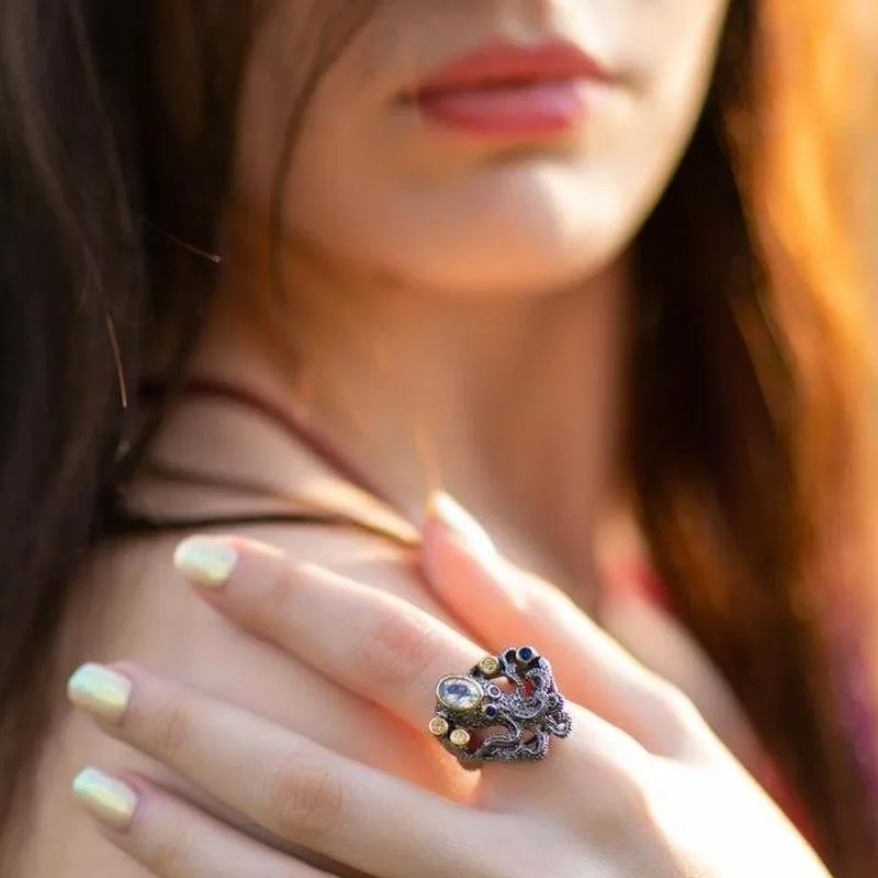 Aanzicht 2 — Steampunk ring – octopus met koper en zirkonia