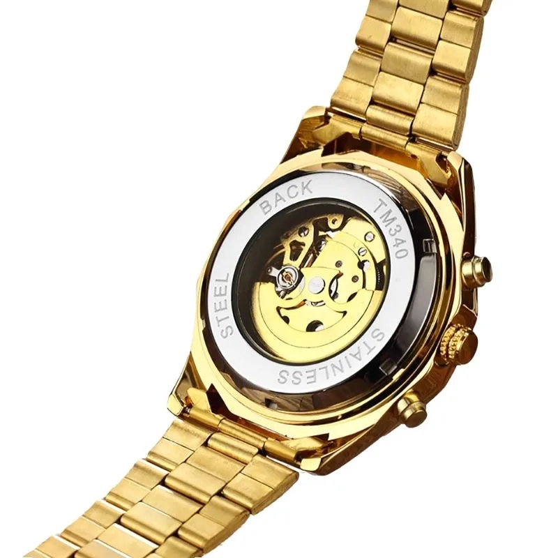 Aanzicht 4 — Skeleton horloge voor heren – staal goudkleurig