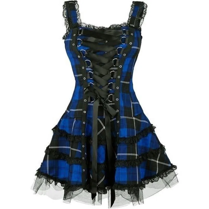 Aanzicht 4 — Steampunk jurk – Schots ruitpatroon gothic