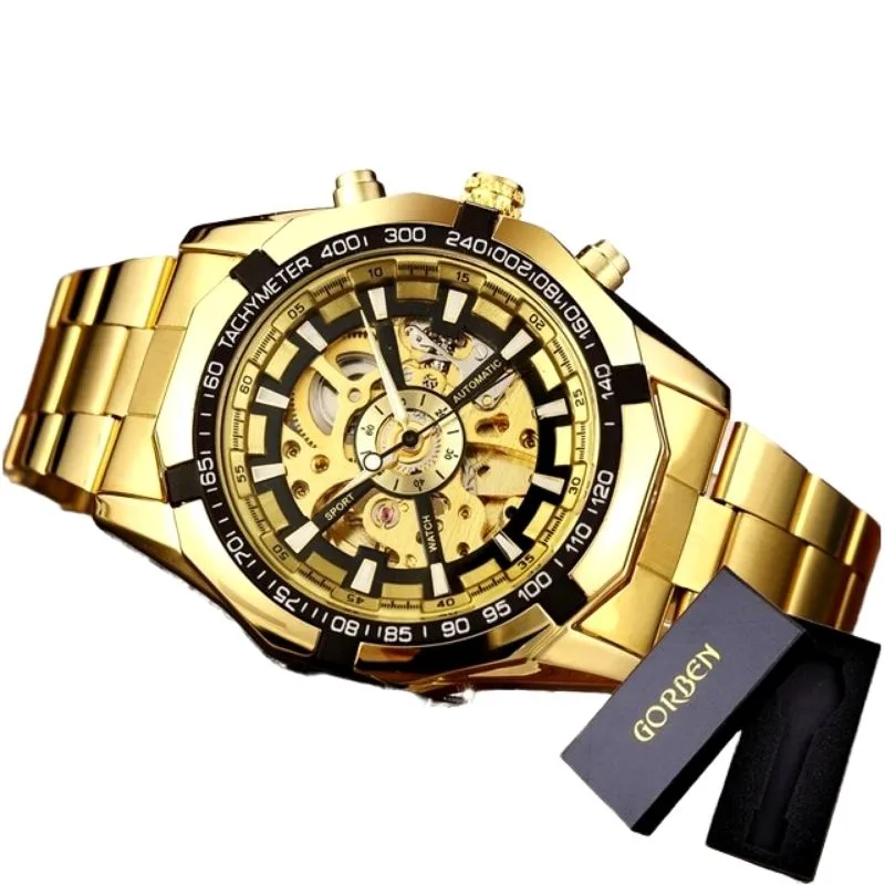 Skeleton horloge voor heren – staal goudkleurig Skeleton horloge voor heren – staal goudkleurig