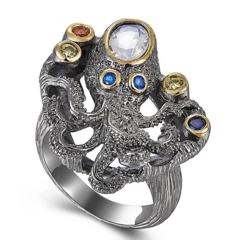 Steampunk ring – octopus met koper en zirkonia